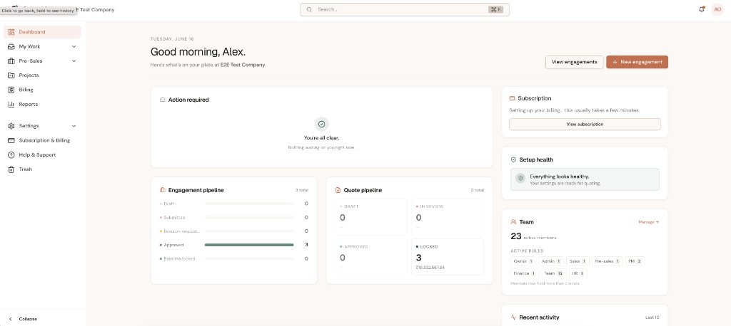 ScopeSure reporting dashboard showing engagement pipeline and quote metrics